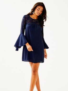 NWT! Lilly Pulitzer size 16 Amenna Navy Blue Bell Sleeve Lace Dress $198